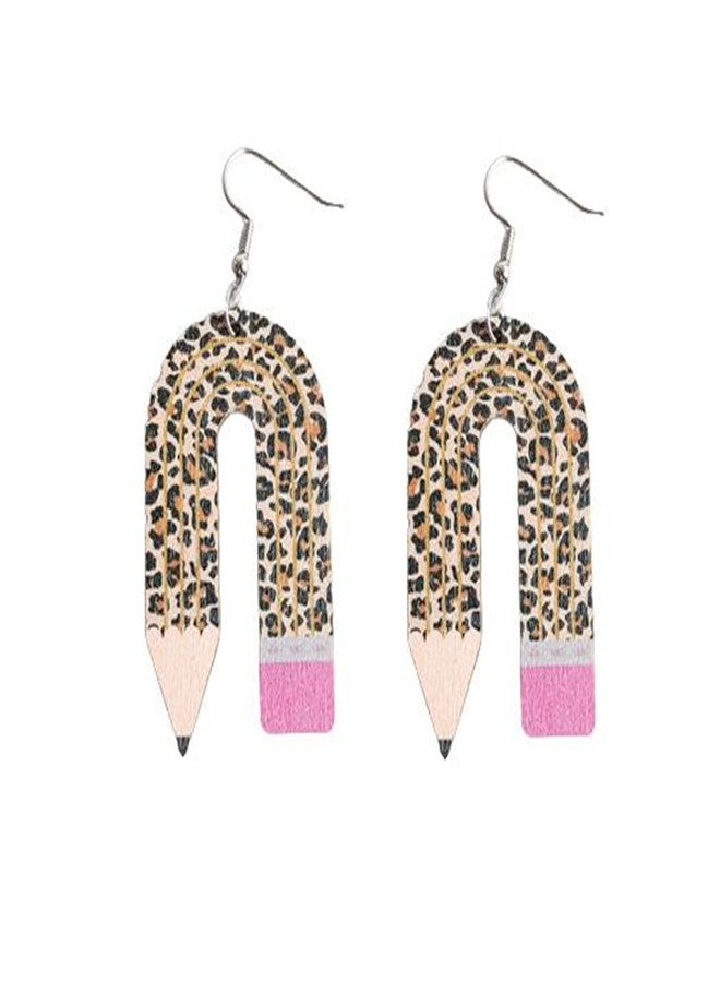 Kicomvi Wooden Pencil Drop Earring Classic Stack of Books Dangle Earrings Handmade Librarian Teacher Hook Earring for Women Teachers, Students Back to School Gradution Jewelry-pencil leopard - Image 1